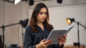 Professional female performer in studio lighting, studying script with focused intensity, modern creative workspace with soft ambient lighting and minimal background, photorealistic contemporary setting
