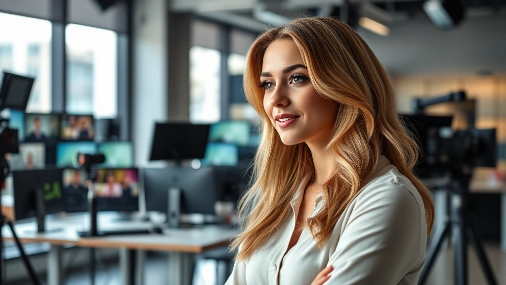 Female performer in contemporary office or television studio setting, multi-monitor workspace visible behind, professional modern entertainment industry environment, natural daylight through windows, realistic production atmosphere