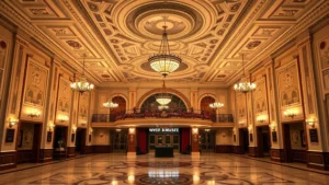 Historic movie theater grand lobby with ornate ceiling details, vintage light fixtures, and polished marble flooring, soft warm lighting creating elegant atmosphere, no text or signage visible