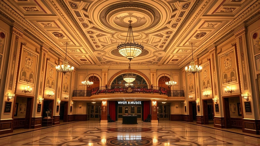 Historic movie theater grand lobby with ornate ceiling details, vintage light fixtures, and polished marble flooring, soft warm lighting creating elegant atmosphere, no text or signage visible
