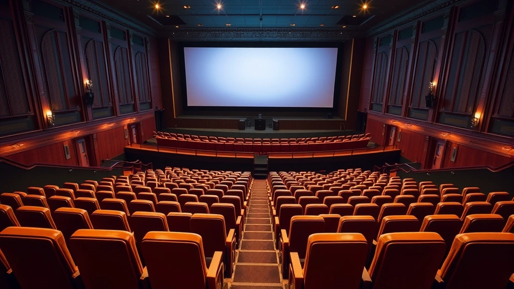Modern theater auditorium interior showing rows of comfortable seating facing a large cinema screen, architectural balance between period details and contemporary comfort, ambient lighting design