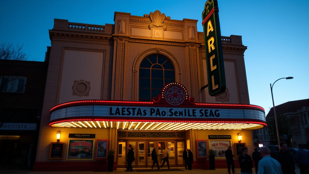 Theater exterior facade at dusk with illuminated marquee area, architectural period details visible, people approaching entrance, warm evening lighting creating inviting ambiance