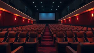 Empty modern movie theater interior with rows of comfortable recliners, warm ambient lighting, screen visible in background, no people, photorealistic digital cinema aesthetic