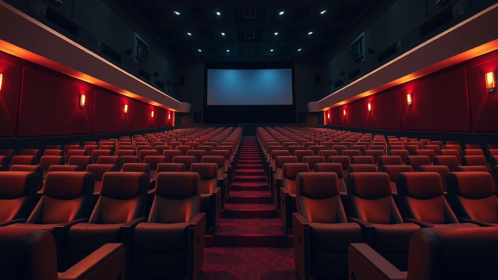 Empty modern movie theater interior with rows of comfortable recliners, warm ambient lighting, screen visible in background, no people, photorealistic digital cinema aesthetic