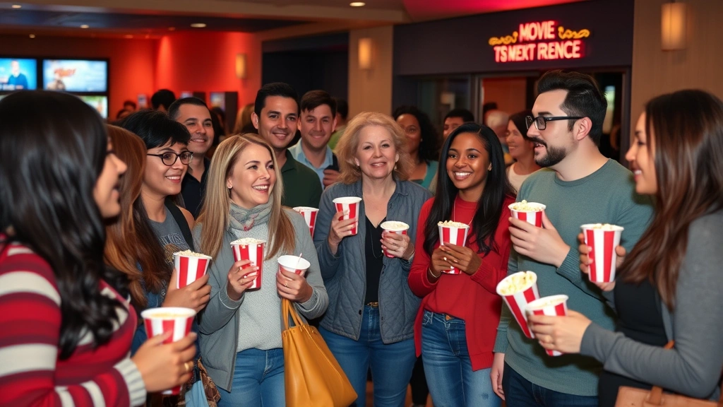 Diverse group of people enjoying movie theater concessions in lobby area, holding popcorn and drinks, warm welcoming atmosphere, candid community gathering moment, no visible text or screens