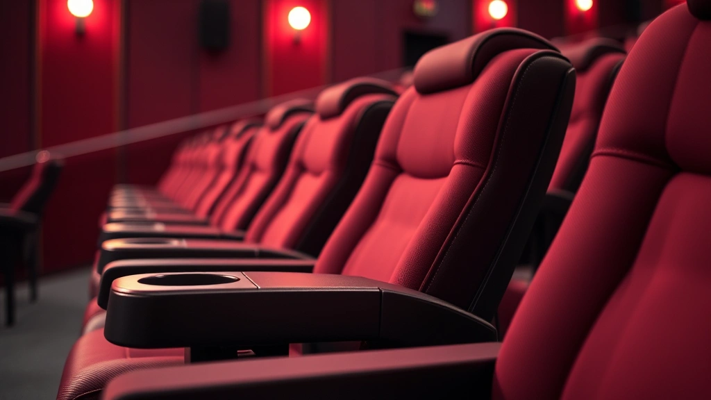 Close-up of premium movie theater seat with cup holder and reclining mechanism, soft theatrical lighting, luxury cinema experience detail, modern exhibition amenities showcase