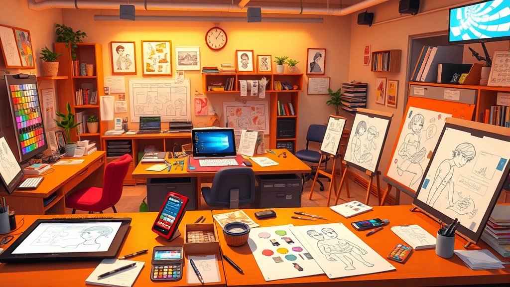 A vibrant animation studio workspace with digital tablets, styluses, and color palette boards scattered across desks, featuring storyboard sketches and character design sheets in warm studio lighting