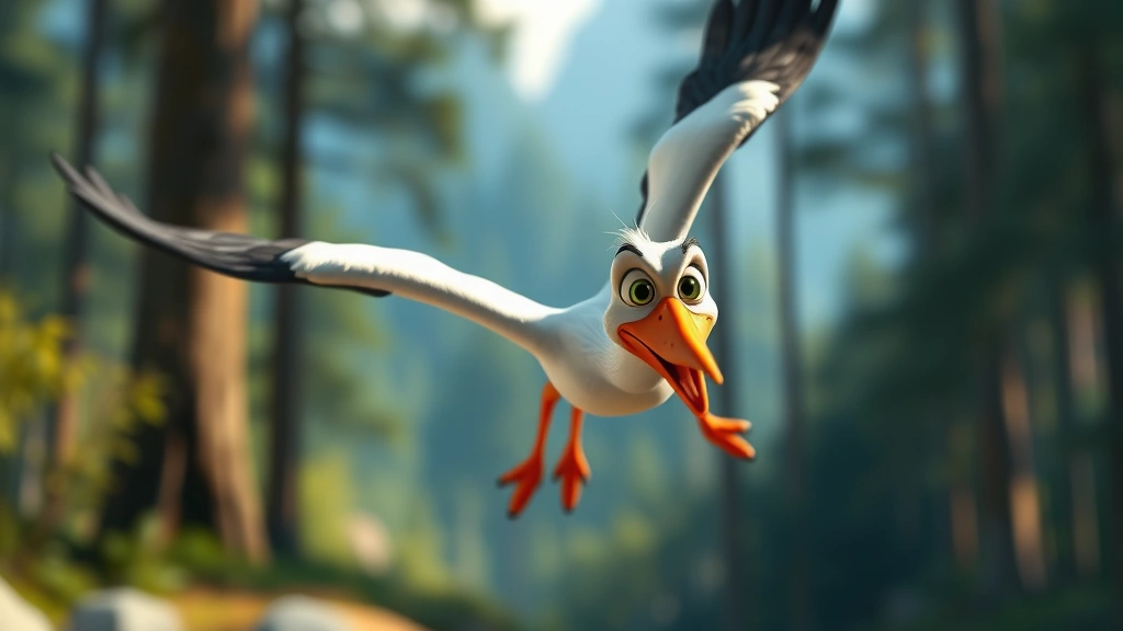 Close-up of animated stork character mid-flight with detailed feather rendering and expressive eyes, captured against a soft-focus forest landscape background with natural lighting