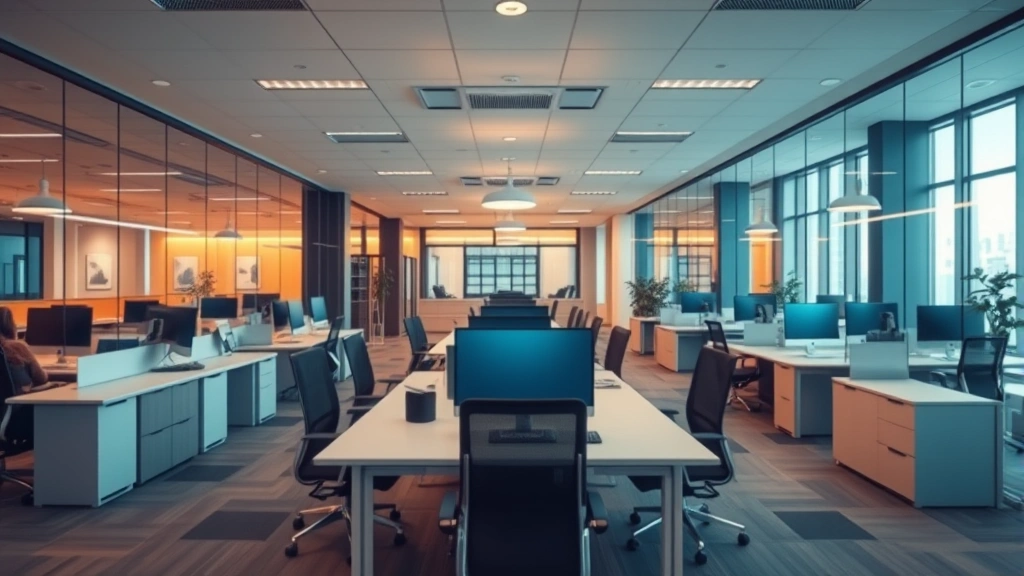 Modern office environment showing corporate workspace aesthetics with sleek furniture, glass partitions, and warm ambient lighting, empty of people but filled with productivity-focused design elements