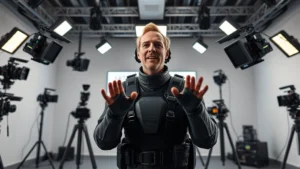 A motion capture studio with actor in specialized suit performing emotional expression, surrounded by multiple cameras and lighting rigs, photorealistic digital media environment