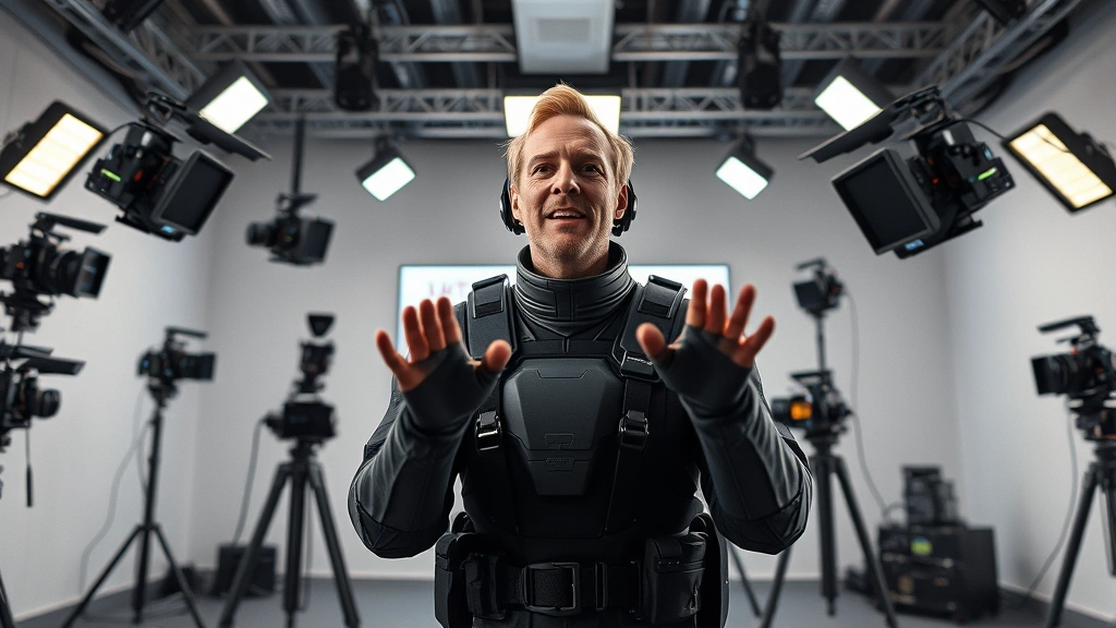 A motion capture studio with actor in specialized suit performing emotional expression, surrounded by multiple cameras and lighting rigs, photorealistic digital media environment