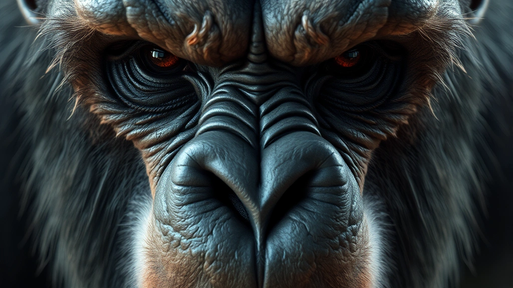 Close-up of advanced CGI ape face with intricate fur detail and intense emotional expression, showcasing modern visual effects sophistication and character realism