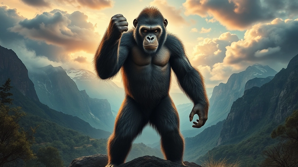 Theatrical movie poster featuring a powerful ape protagonist standing in dramatic pose against cinematic landscape, modern blockbuster film aesthetic with vibrant colors