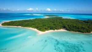 Aerial view of pristine Fijian tropical lagoon with turquoise water, white sand beach, and dense jungle vegetation, no people visible, photorealistic daytime lighting