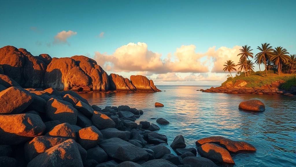 Cinematic wide shot of remote Fijian island coastline with dramatic rocky outcroppings, palm trees, calm lagoon waters, golden hour sunlight, professional film production aesthetic