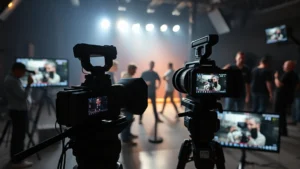 Professional digital cinematography setup with high-end camera equipment on movie set, focused lighting rigs, monitors showing footage, dark atmospheric shadows, film production crew working in background, cinematic depth of field, professional studio environment