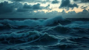 Dramatic ocean waves at dusk, stormy waters churning beneath darkening sky, cinematic maritime atmosphere, photorealistic lighting emphasizing water texture and power