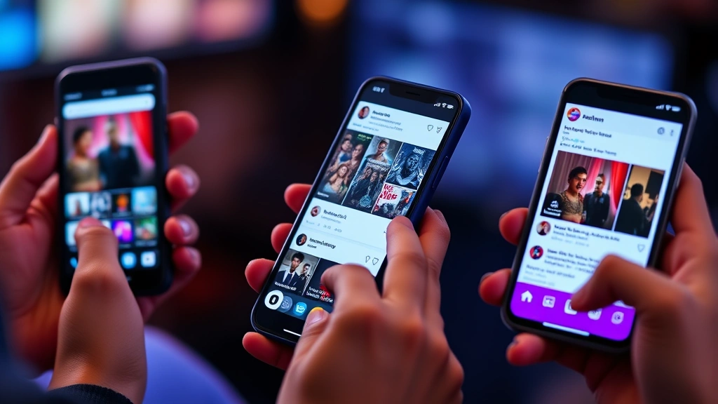 Hands holding smartphones displaying various social media apps with film content, close-up of screens showing movie reactions and comments, vibrant digital interface colors
