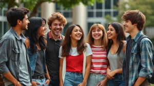 Diverse group of young actors in casual 1980s clothing laughing together on a college campus setting, natural lighting, candid moment, photorealistic style, no text or graphics visible