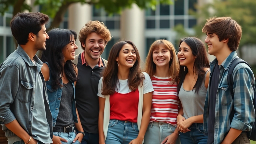 Diverse group of young actors in casual 1980s clothing laughing together on a college campus setting, natural lighting, candid moment, photorealistic style, no text or graphics visible