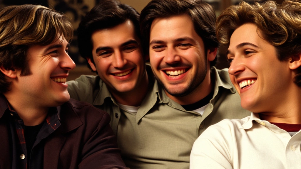 Close-up of actors in character during a comedic scene, genuine expressions of joy and camaraderie, 1980s aesthetic, warm lighting, photorealistic portraiture, no visible dialogue or captions