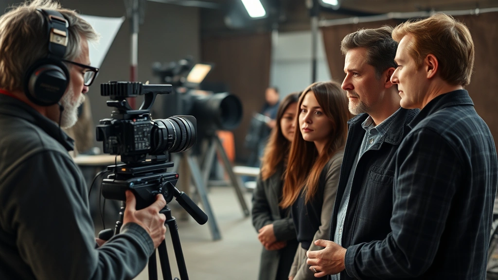Film production behind-the-scenes moment with director and cast collaborating, thoughtful creative discussion, professional film set environment, natural documentary-style photography, no screens or visible text