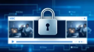 Digital illustration of a padlock icon overlaid on streaming video player interface, representing copyright protection and digital security in online media distribution, modern minimalist design with blues and silvers, no text or UI elements visible