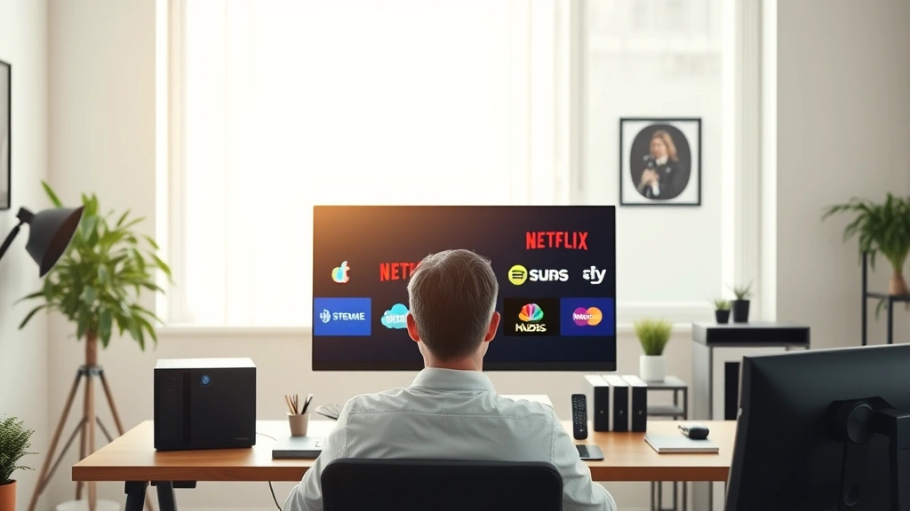 Wide shot of a person at a desk viewing multiple streaming service logos on a computer monitor, bright modern home office environment, natural lighting, representing legal entertainment alternatives and subscription services
