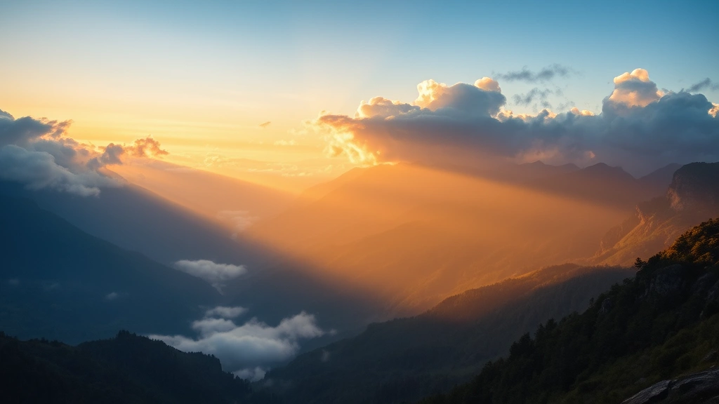 Serene mountain landscape with golden light breaking through clouds, misty valleys below, contemplative atmosphere suggesting spiritual awakening and transcendence