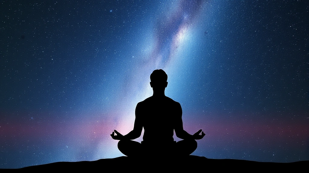 Silhouetted figure sitting in meditation pose facing vast cosmic starfield, ethereal light streaming across the frame, representing inner consciousness meeting universal awareness