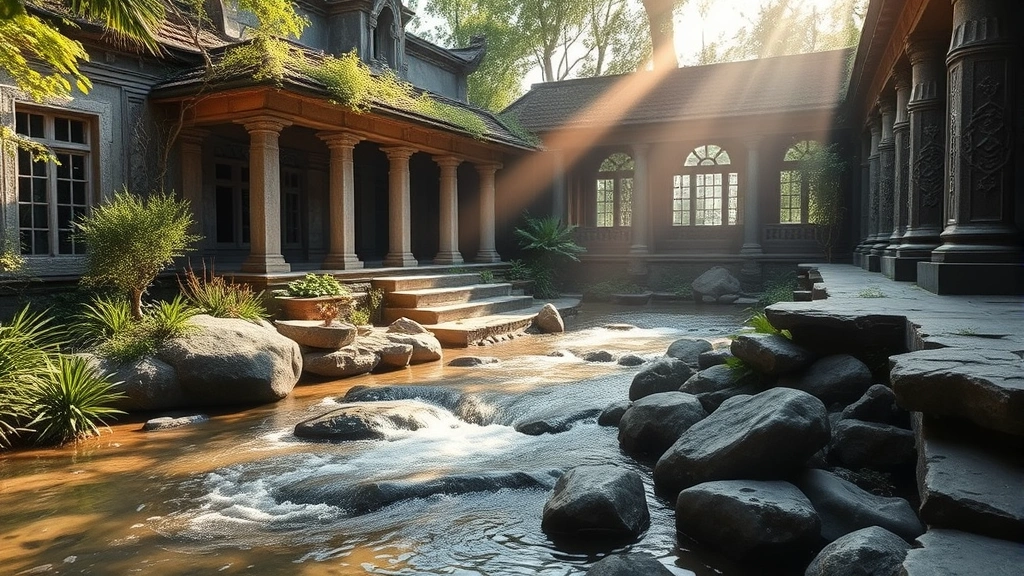 Ancient temple garden with flowing water, natural stones, and peaceful vegetation, soft diffused sunlight creating sacred geometry shadows, embodying spiritual harmony and timelessness