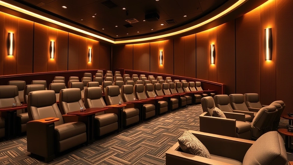 Modern dine-in cinema interior with reclining seats, warm ambient lighting, and comfortable lounge-style seating arrangement, sophisticated yet casual atmosphere, professional photography