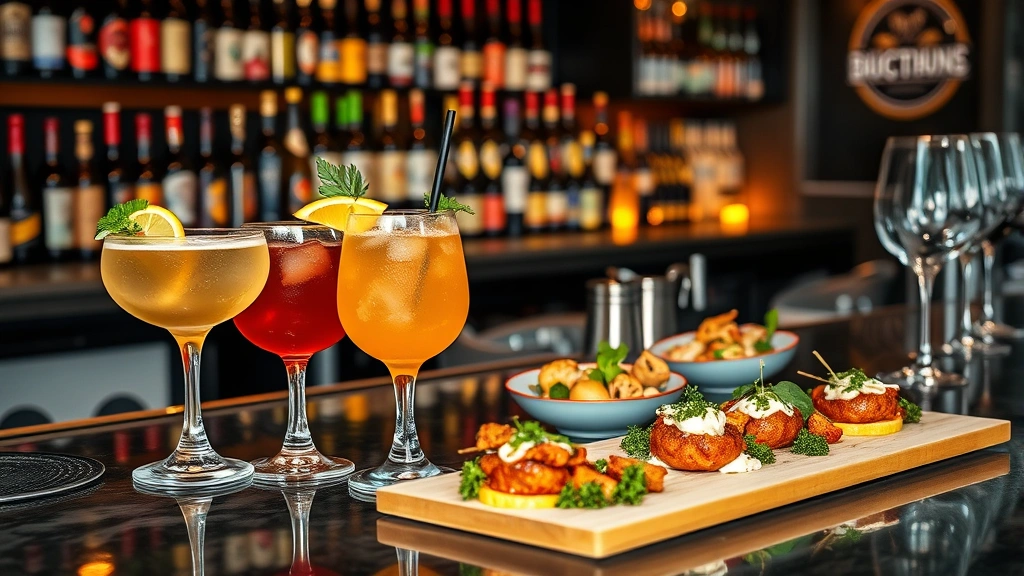 Craft cocktails and elevated appetizers displayed on a bar counter with professional presentation, craft beer bottles and wine glasses visible, warm lighting highlighting food and beverage quality, no text or signage visible