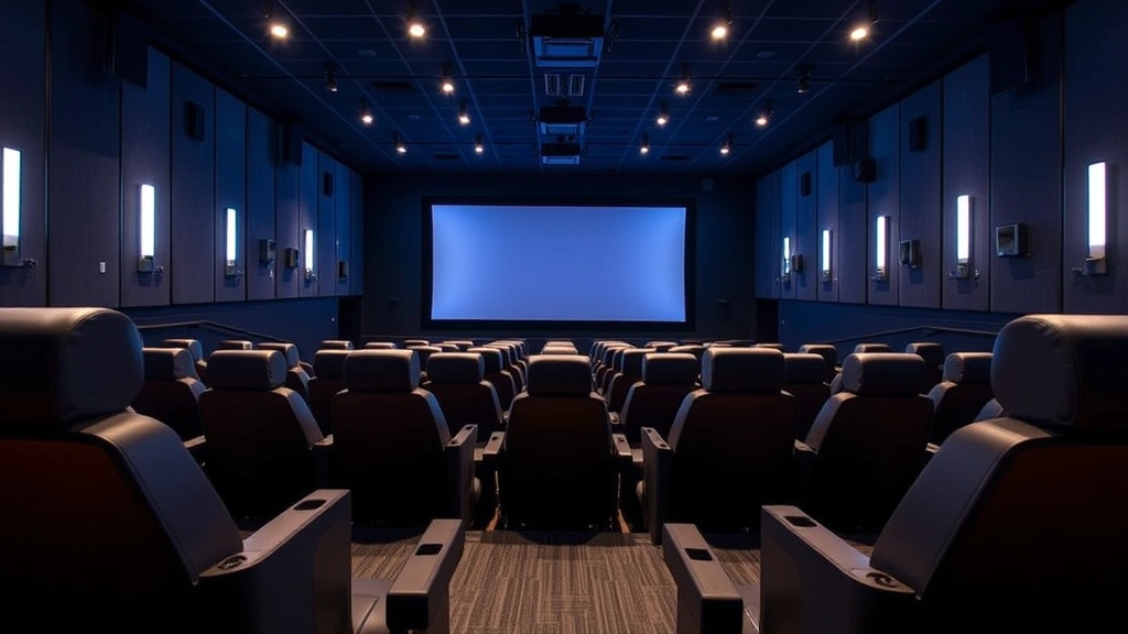 Theater auditorium with premium reclining seats, clean sightlines to screen, professional lighting design creating intimate viewing environment, empty seats ready for patrons, contemporary cinema technology visible