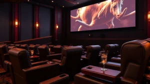 Upscale cinema tavern interior with leather recliners, ambient lighting, and craft cocktails on armrest tables in front of a large cinema screen