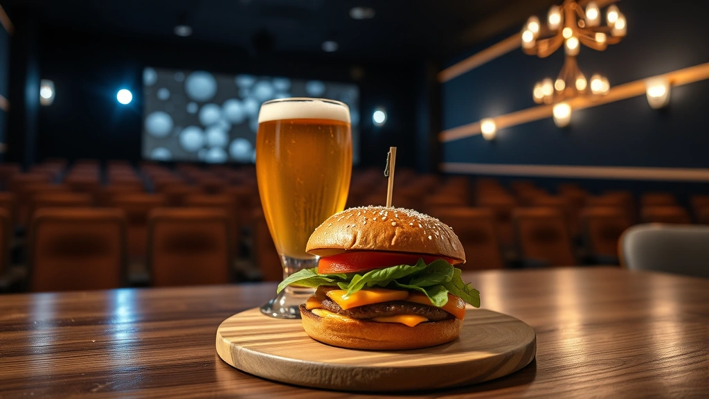 Gourmet burger and craft beer served on wooden table in modern premium cinema venue with soft theatrical lighting