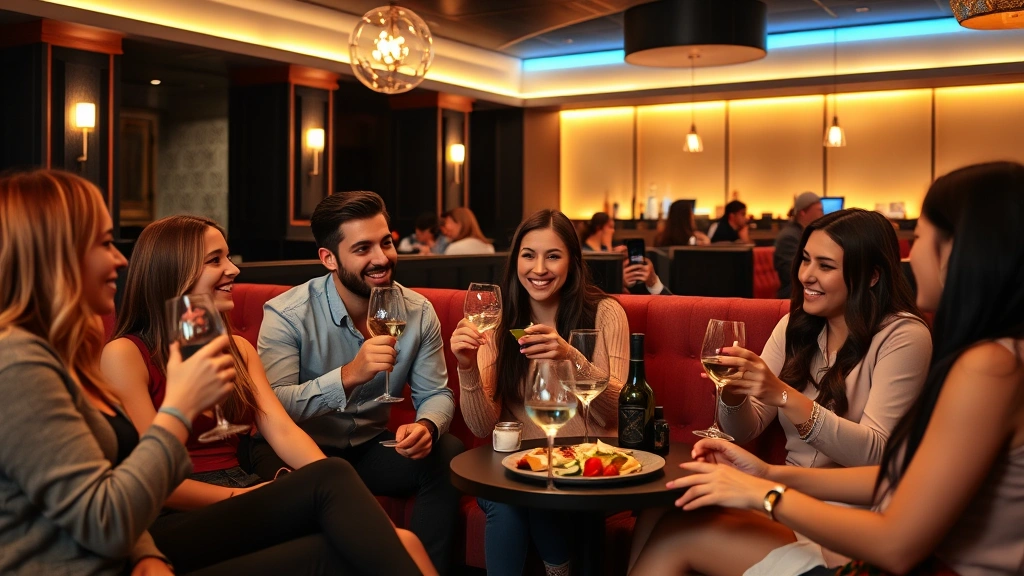 Group of young professionals enjoying wine and appetizers in sophisticated cinema tavern lounge area with contemporary decor