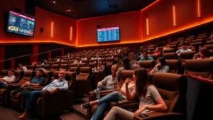 Modern cinema theater interior featuring comfortable reclining seats arranged in tiered rows, warm ambient lighting, a digital menu board displaying food options, and patrons in casual attire relaxing with drinks