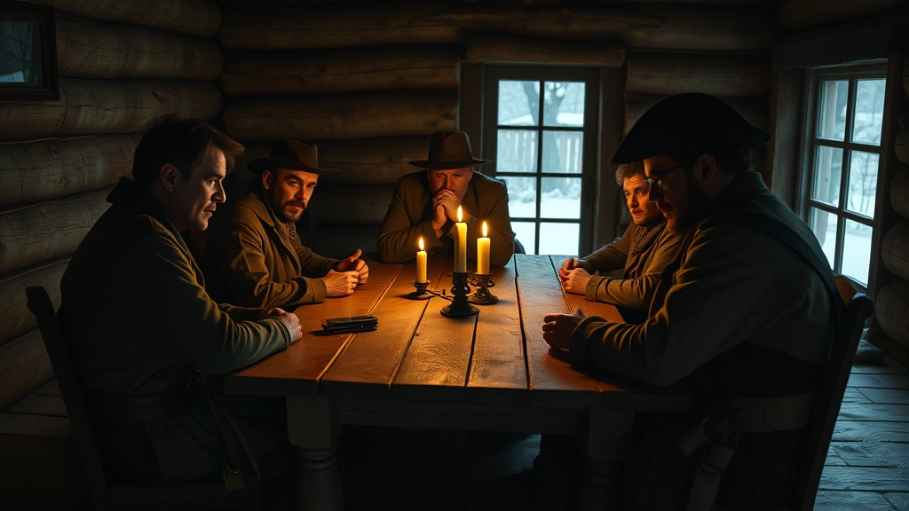 Cinematic still from tense interrogation scene: multiple actors in period clothing seated around rustic wooden table in candlelit cabin, dramatic shadows across faces revealing psychological conflict, snow visible through window in background, photorealistic 8K quality