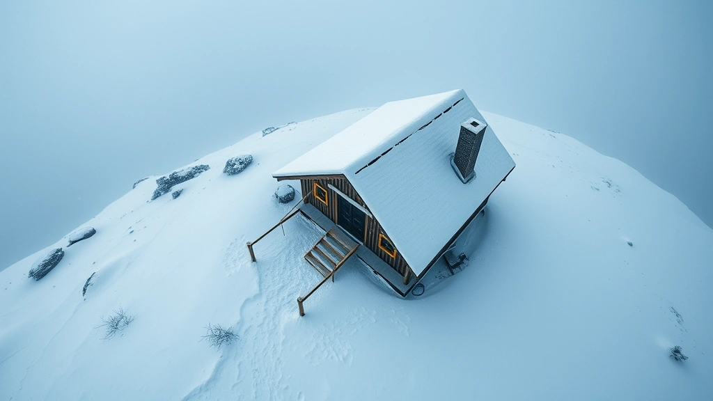 Overhead wide shot of snow-covered mountain cabin exterior during severe blizzard, isolated structure surrounded by white landscape, stormy sky, cinematic lighting emphasizing isolation and confinement, no people visible, atmospheric depth