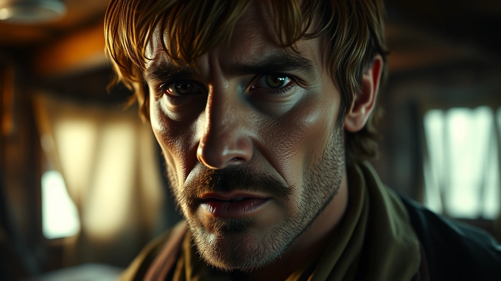 Close-up portrait of character in cabin setting showing emotional intensity and moral ambiguity, dramatic lighting highlighting facial expressions, period-appropriate costume detail, psychological tension captured in subtle expression, cinematic depth of field