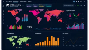 Digital marketing analytics dashboard showing global box office performance metrics with colorful charts and international market data visualizations, modern sleek design, no text overlays