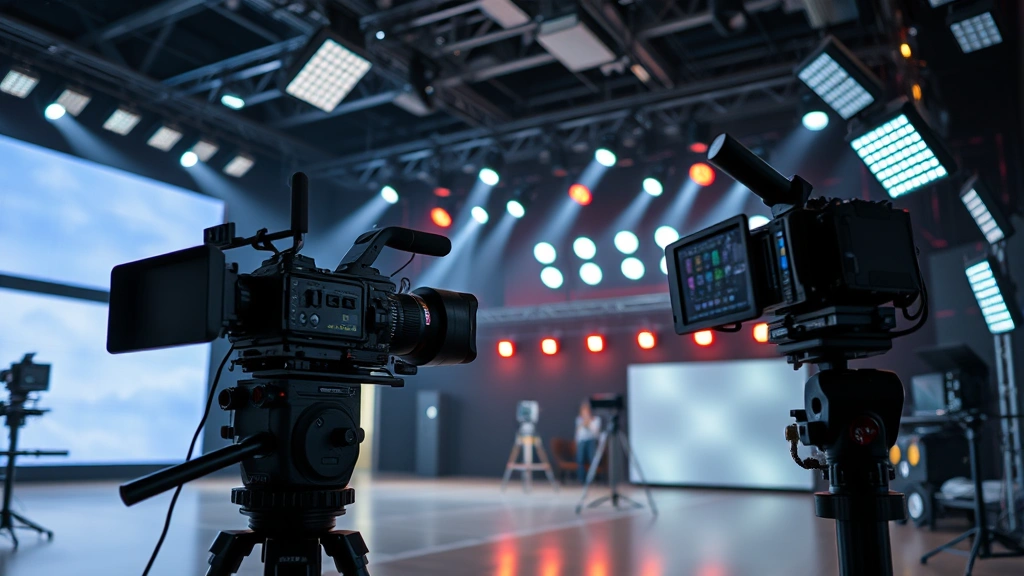Film production set with advanced camera equipment, LED lighting arrays, and motion capture technology on an active movie soundstage, cinematic lighting, professional environment