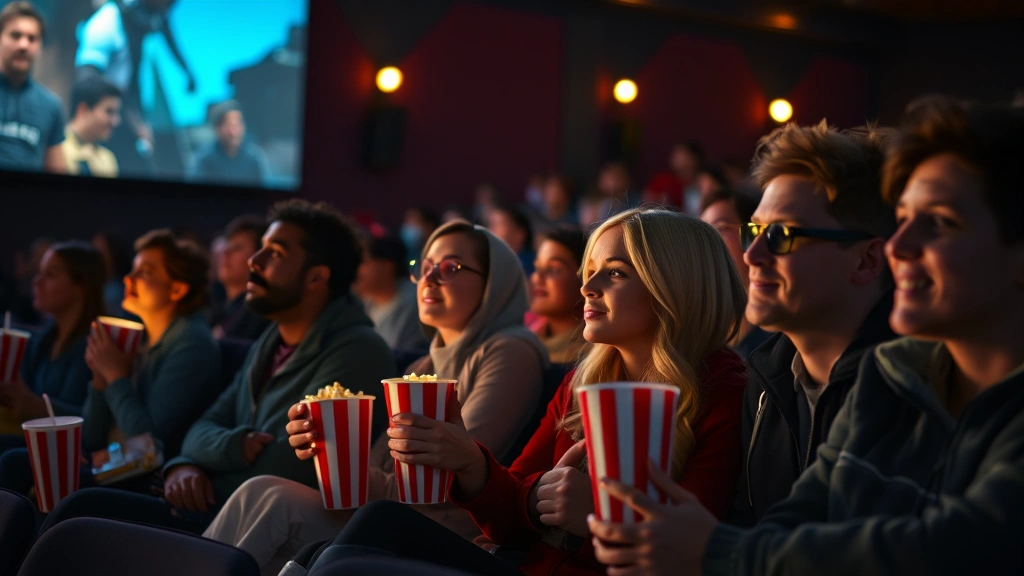Movie theater audience watching an action sequence with popcorn and drinks, engaged faces illuminated by screen glow, warm atmospheric lighting, immersive cinema experience