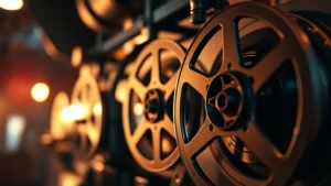 Close-up of vintage film reels and cinema equipment in warm studio lighting, shallow depth of field focusing on reel details, professional cinematography aesthetic