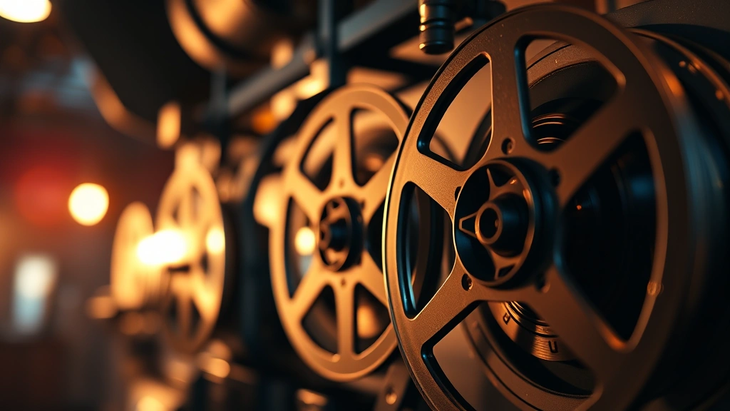 Close-up of vintage film reels and cinema equipment in warm studio lighting, shallow depth of field focusing on reel details, professional cinematography aesthetic