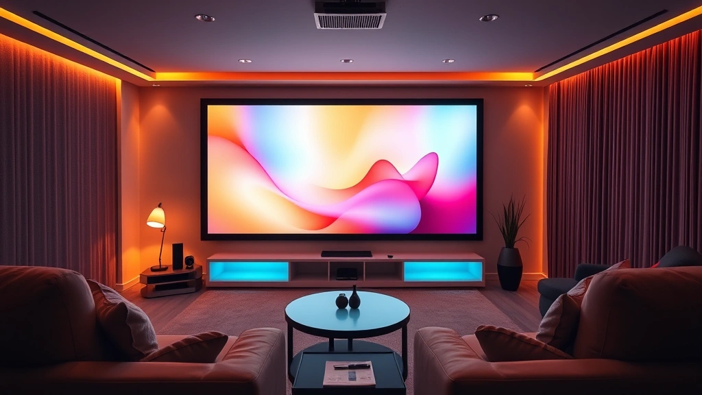 Modern home theater setup with comfortable seating, warm ambient lighting, large screen display glowing with abstract colors, cozy viewing environment, no visible content on screen