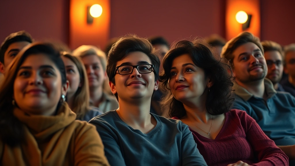 Diverse group of people watching film together in cinema, warm theater lighting, emotional engagement visible on faces, shared viewing experience, no visible screen content