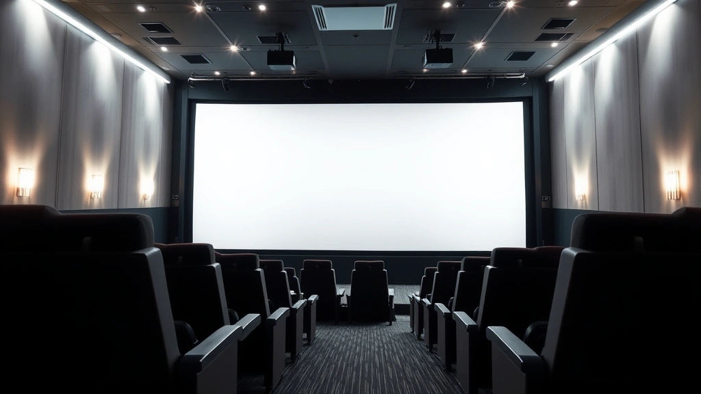 Movie theater interior with comfortable reclined seats, ambient lighting, large blank screen, empty auditorium showing advanced projection and sound system infrastructure, modern cinema technology on display