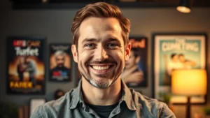 Professional headshot of accomplished male comedian in casual studio setting with warm lighting, confident posture, natural smile, modern office background with movie posters and comedy memorabilia slightly blurred